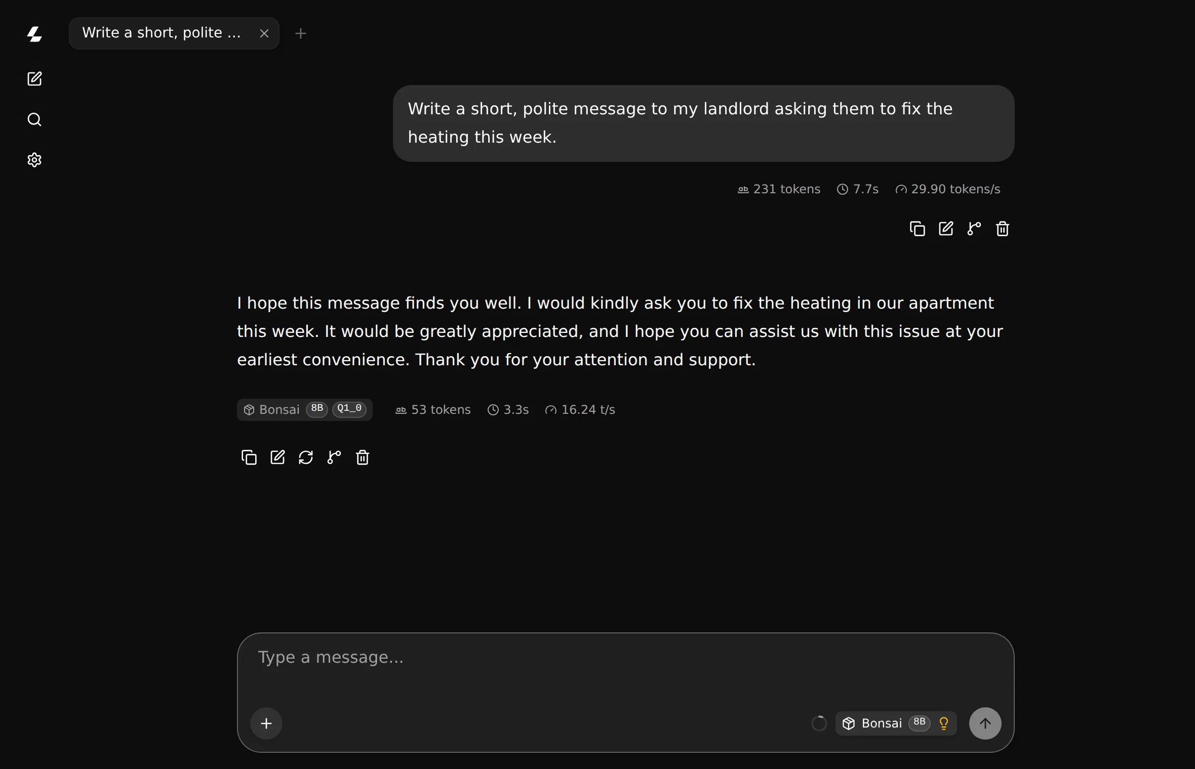 The chat page QuickAI opens: someone asks for a short, polite message asking their landlord to fix the heating this week, and Bonsai 8B writes one.