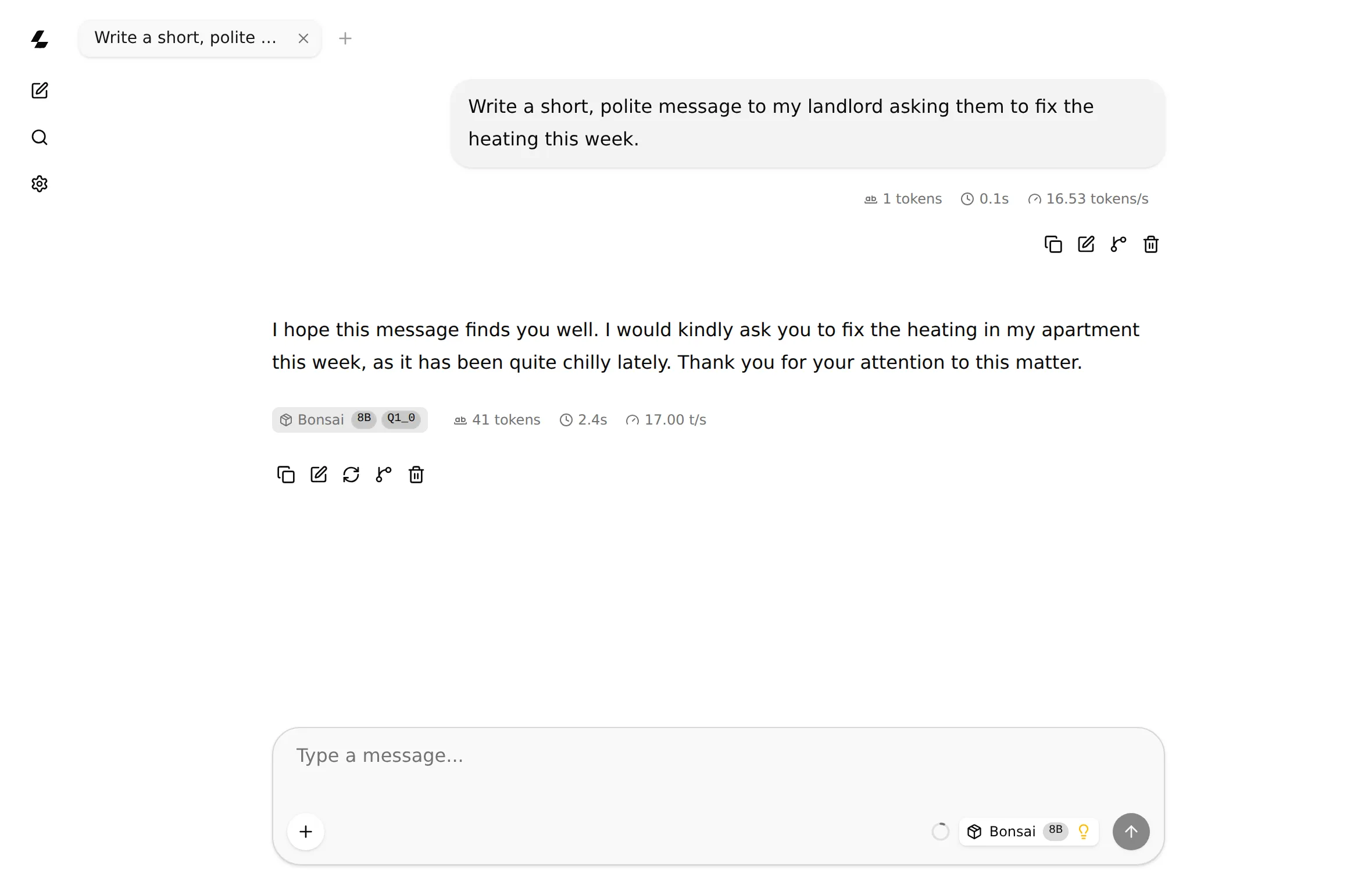 The chat page QuickAI opens: someone asks for a short, polite message asking their landlord to fix the heating this week, and Bonsai 8B writes one.