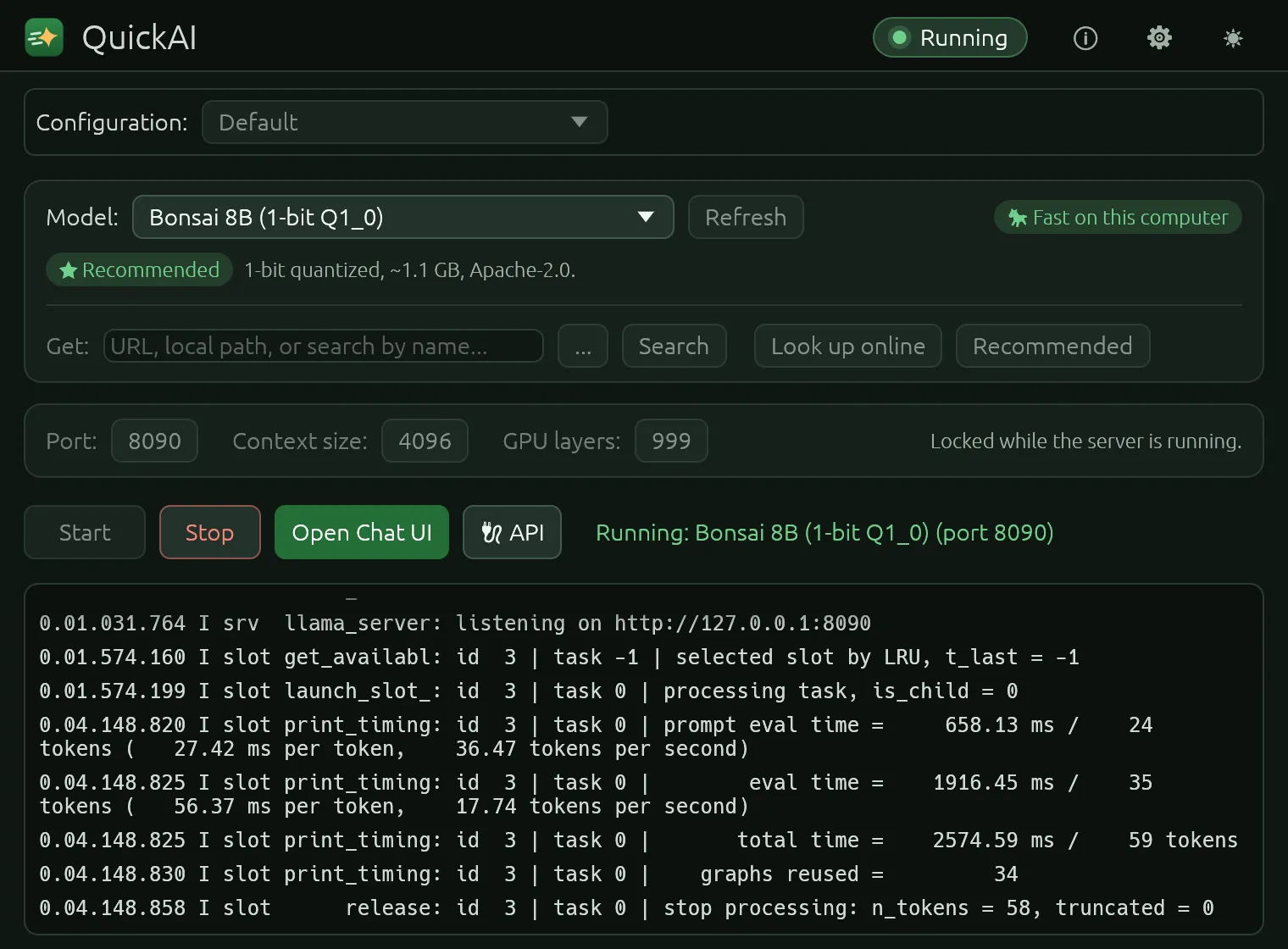 QuickAI's window running the Bonsai 8B model on this computer: a green Running pill, the model and its Recommended chip, and the log of the model server answering.