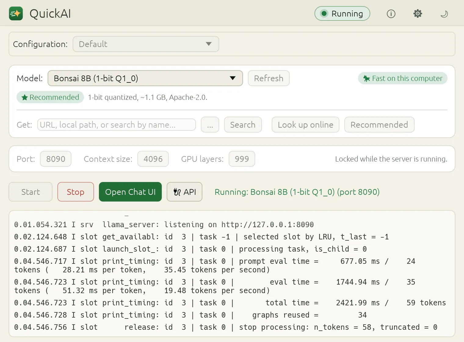 QuickAI's window running the Bonsai 8B model on this computer: a green Running pill, the model and its Recommended chip, and the log of the model server answering.